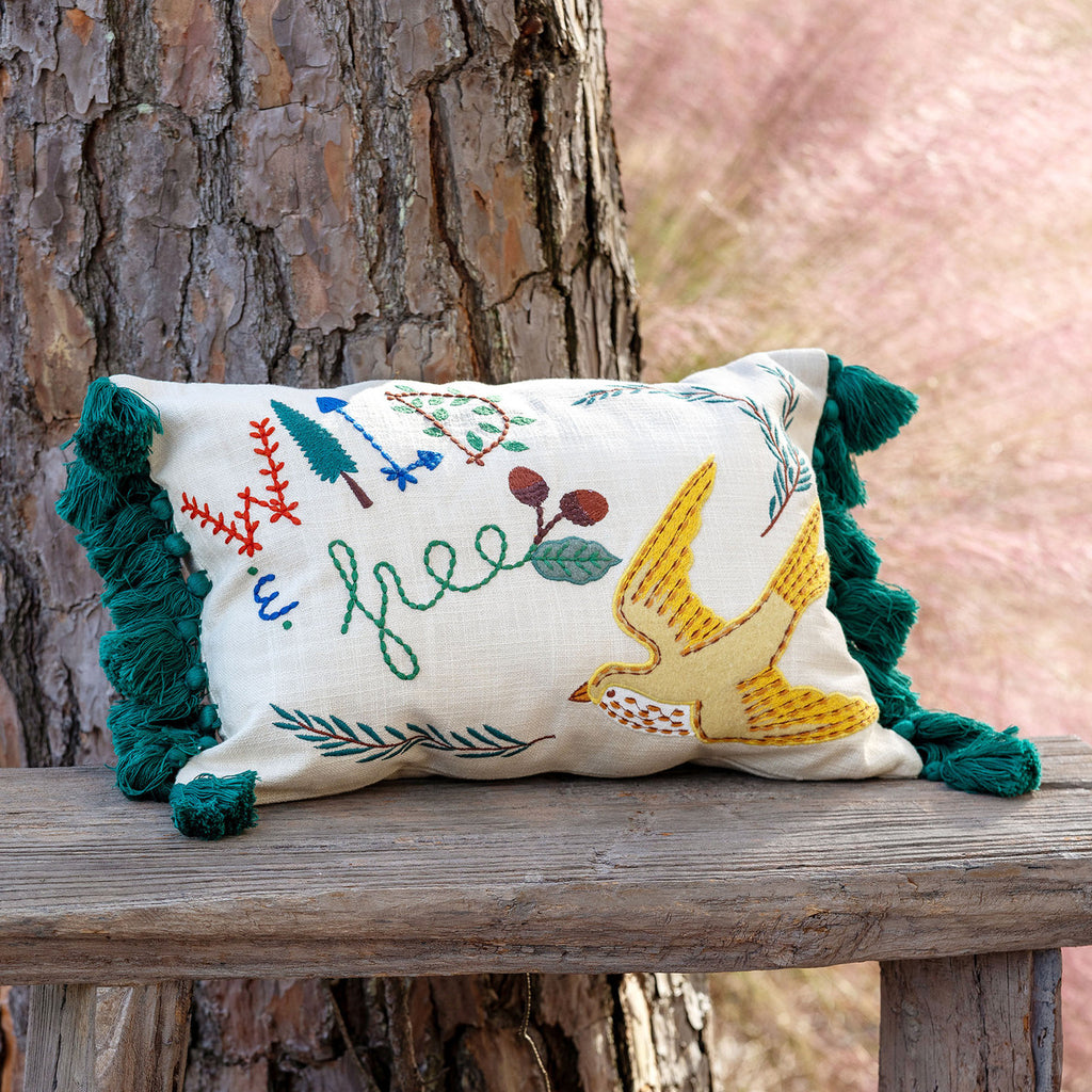 "Free" Bird Appliqued Cotton Pillow - Bombay Mercantile