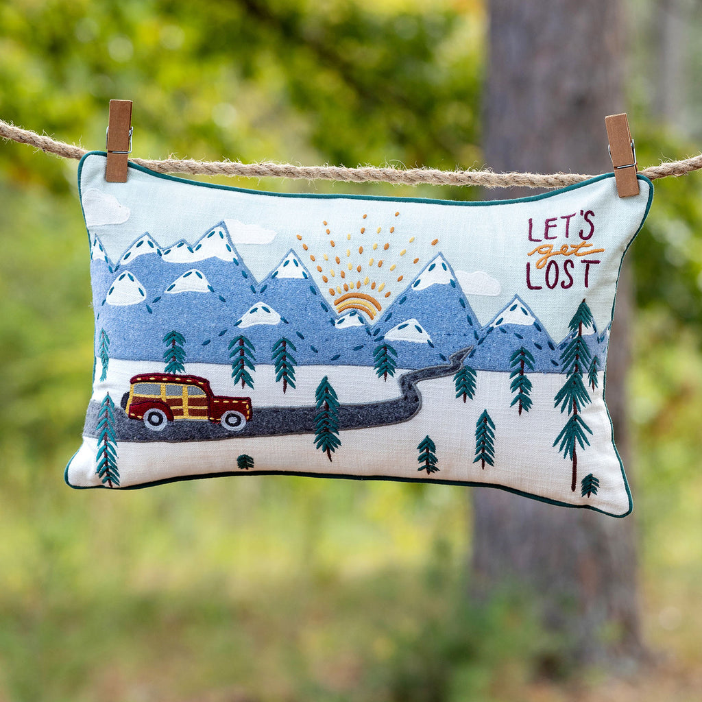 "Let's Get Lost" Appliqued Cotton Pillow - Bombay Mercantile
