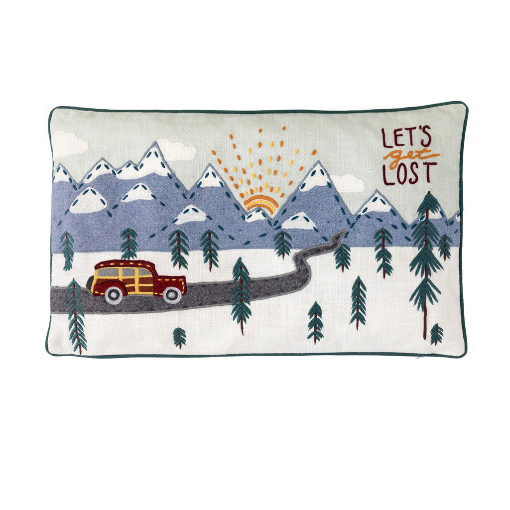 "Let's Get Lost" Appliqued Cotton Pillow - Bombay Mercantile
