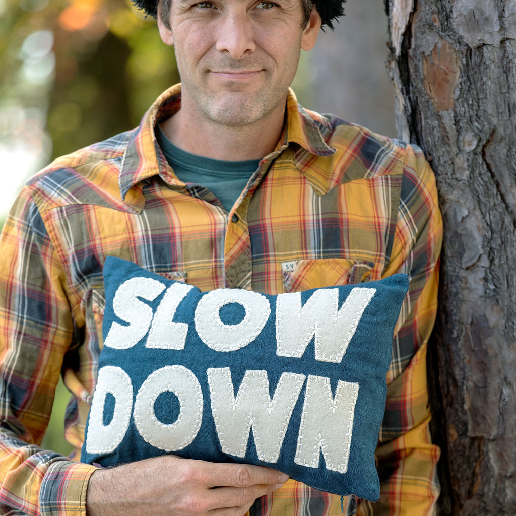 "Slow Down" Appliqued Linen Pillow - Bombay Mercantile