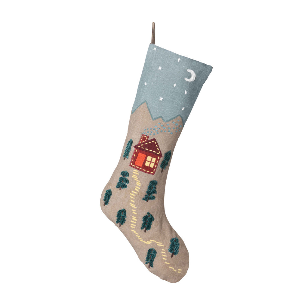 Cabin Cozy Appliqued Linen Stocking - Bombay Mercantile