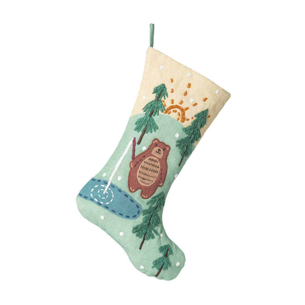 Cabin Bear Appliqued Linen Stocking - Bombay Mercantile
