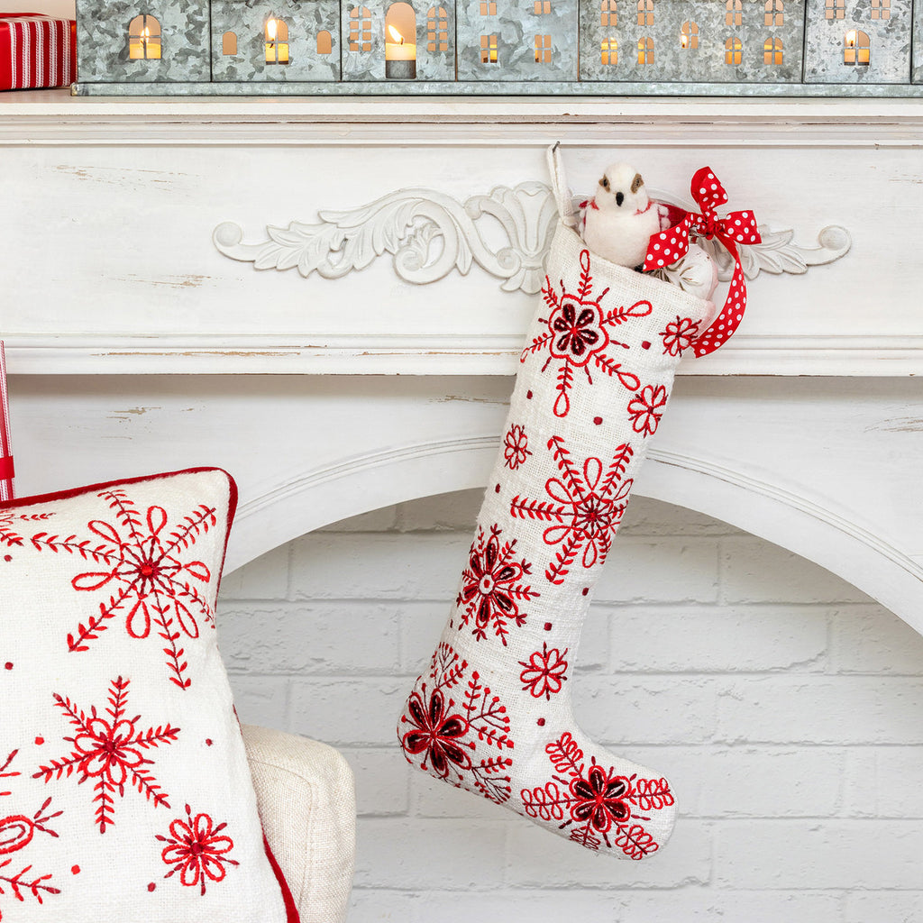 Snowflake Embroidered Stocking - Bombay Mercantile