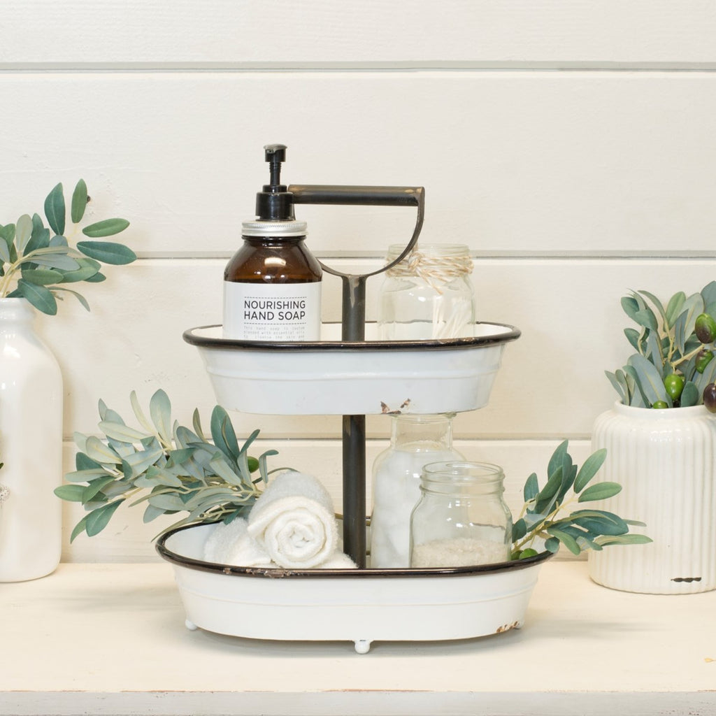 2- Tier oval serving tray enamelware metal - Bombay Mercantile