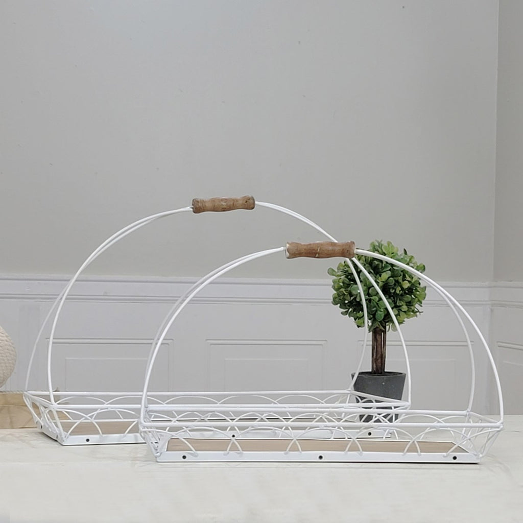 White metal tray set with wood base - Bombay Mercantile