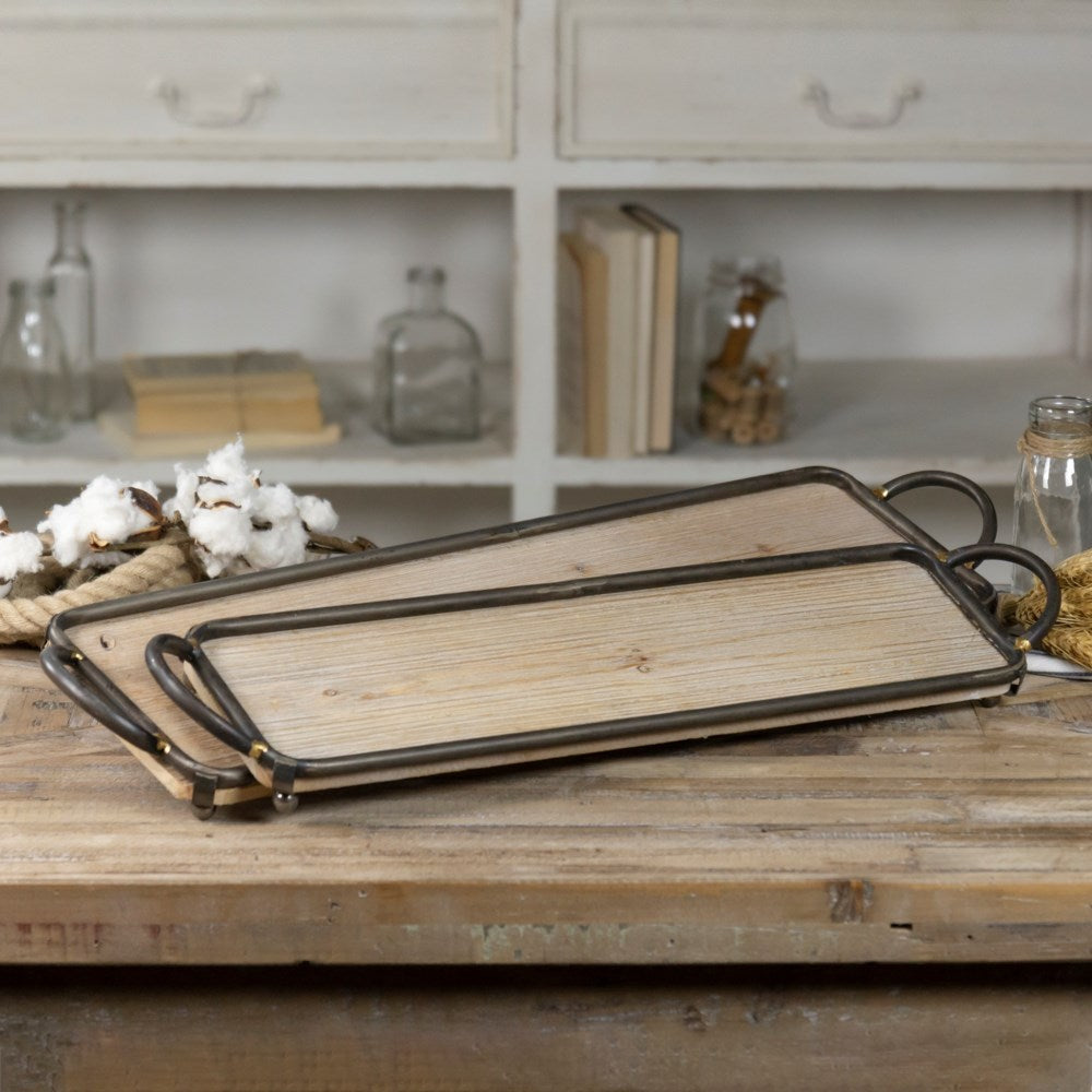 Long serving tray, Set of 2 wood metal - Bombay Mercantile