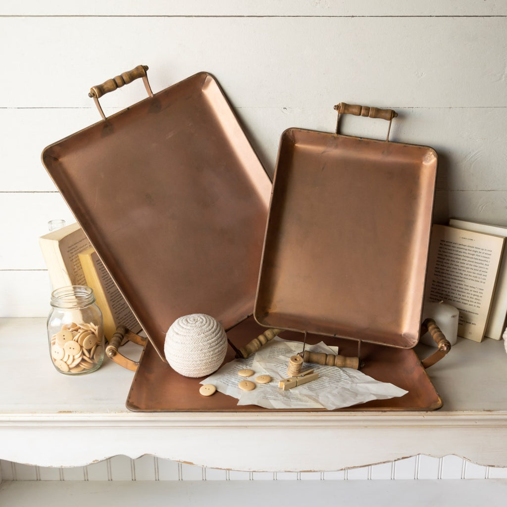 Copper metal serving trays, Set of 2 - Bombay Mercantile