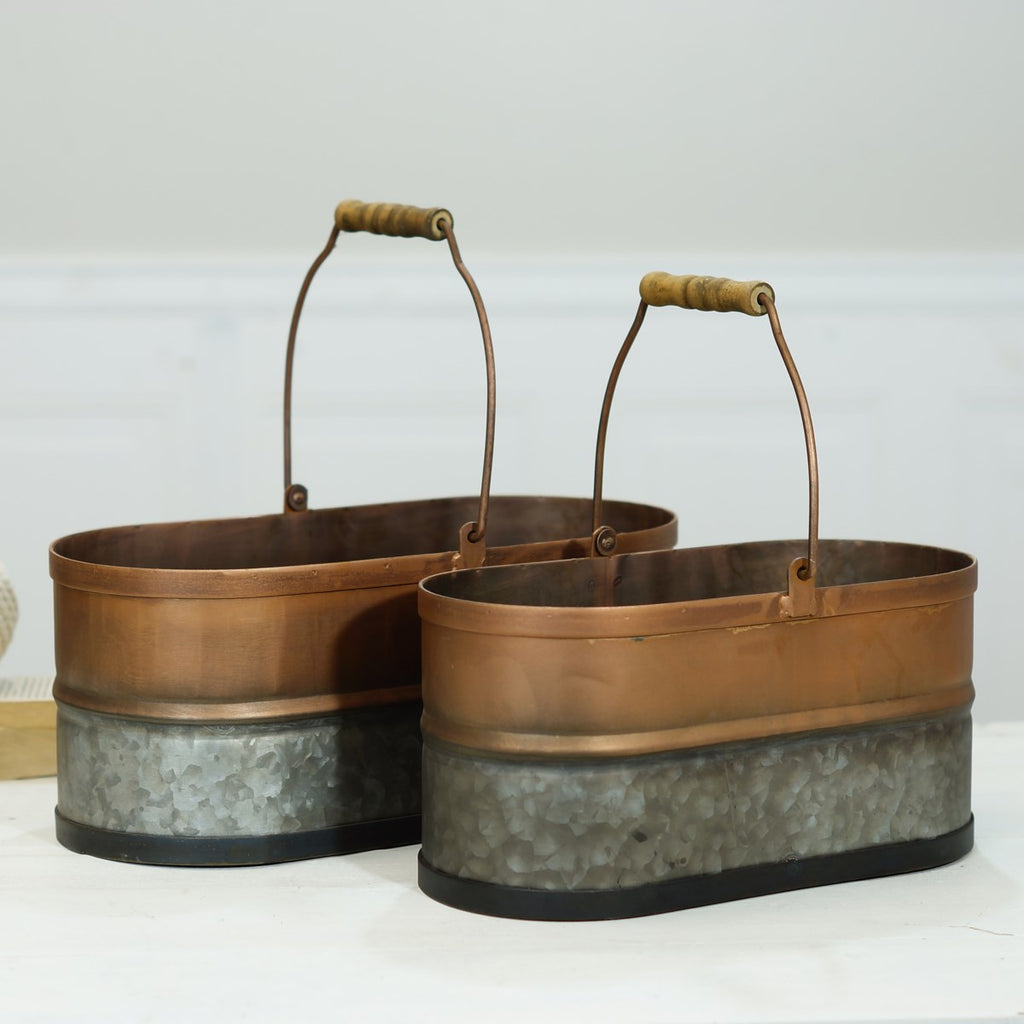 Copper galvanized metal bucket, set of 2 - Bombay Mercantile