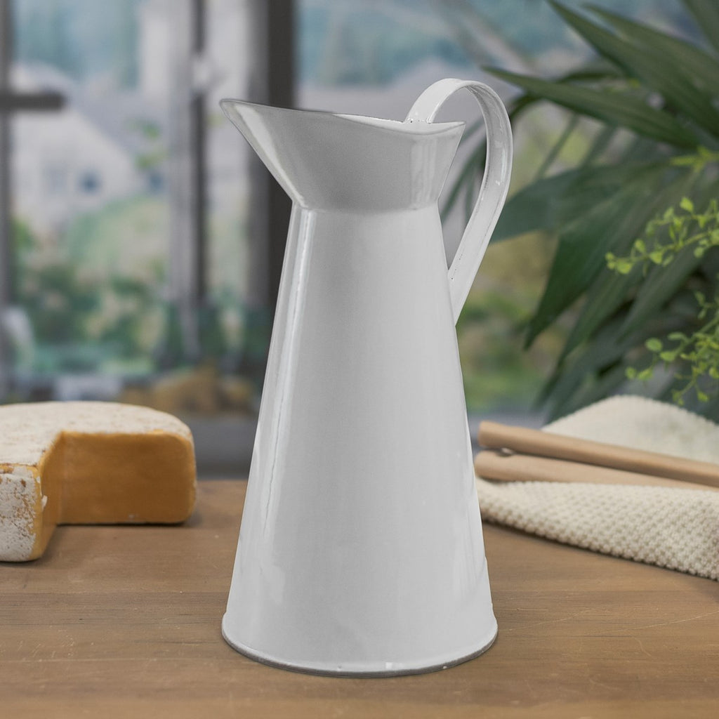 Metal enamelware pitcher white with gloss finish - Bombay Mercantile