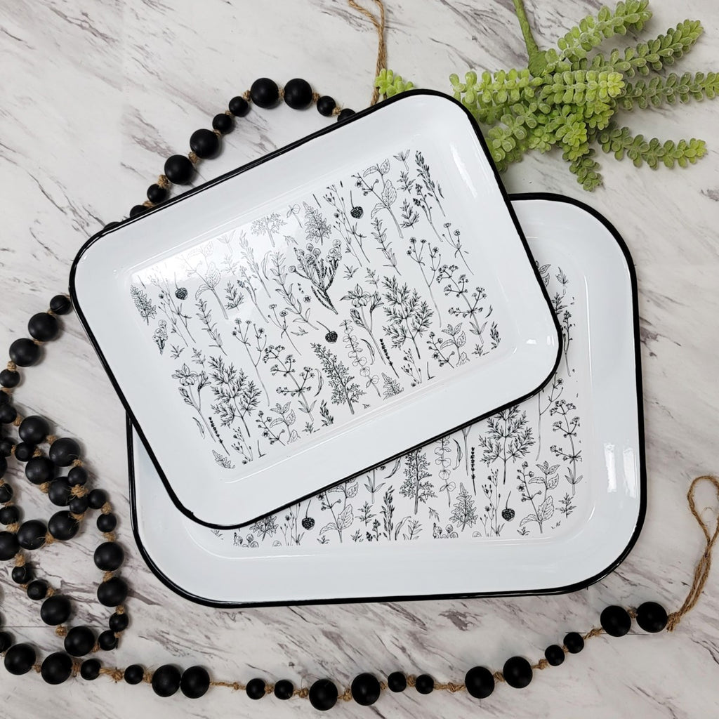 Metal enamelware floral serving trays, Set of 2 - Bombay Mercantile