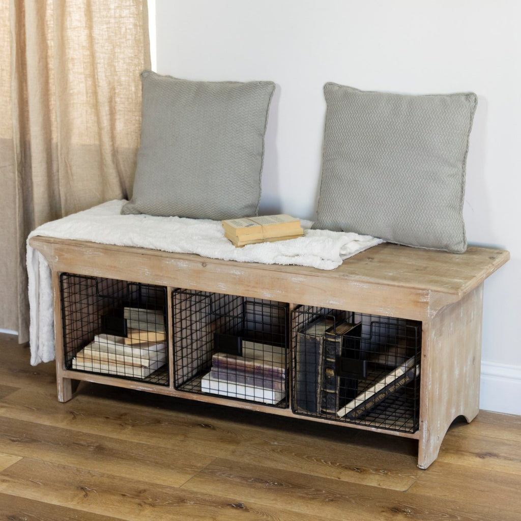 Wood bench with storage basket 48" - Bombay Mercantile
