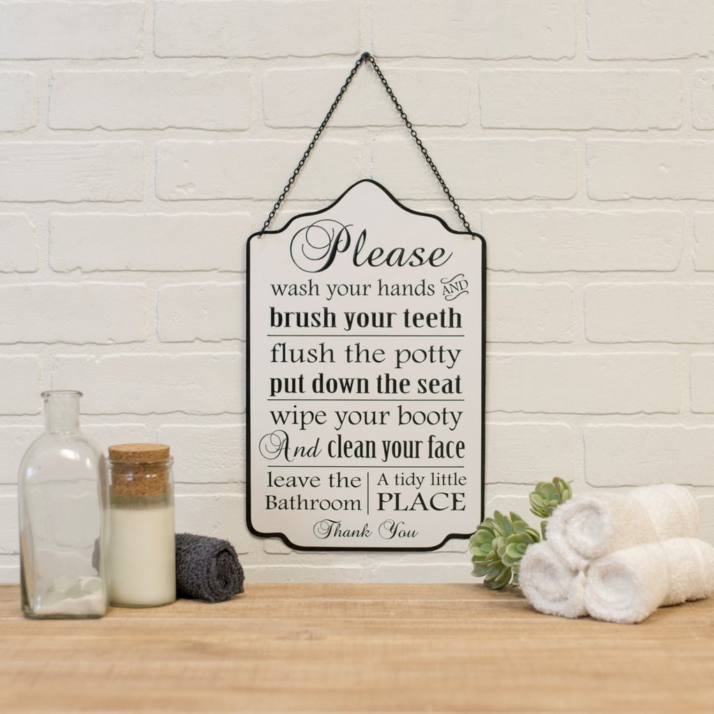 Bathroom Rules" Hanging Metal Sign - Bombay Mercantile