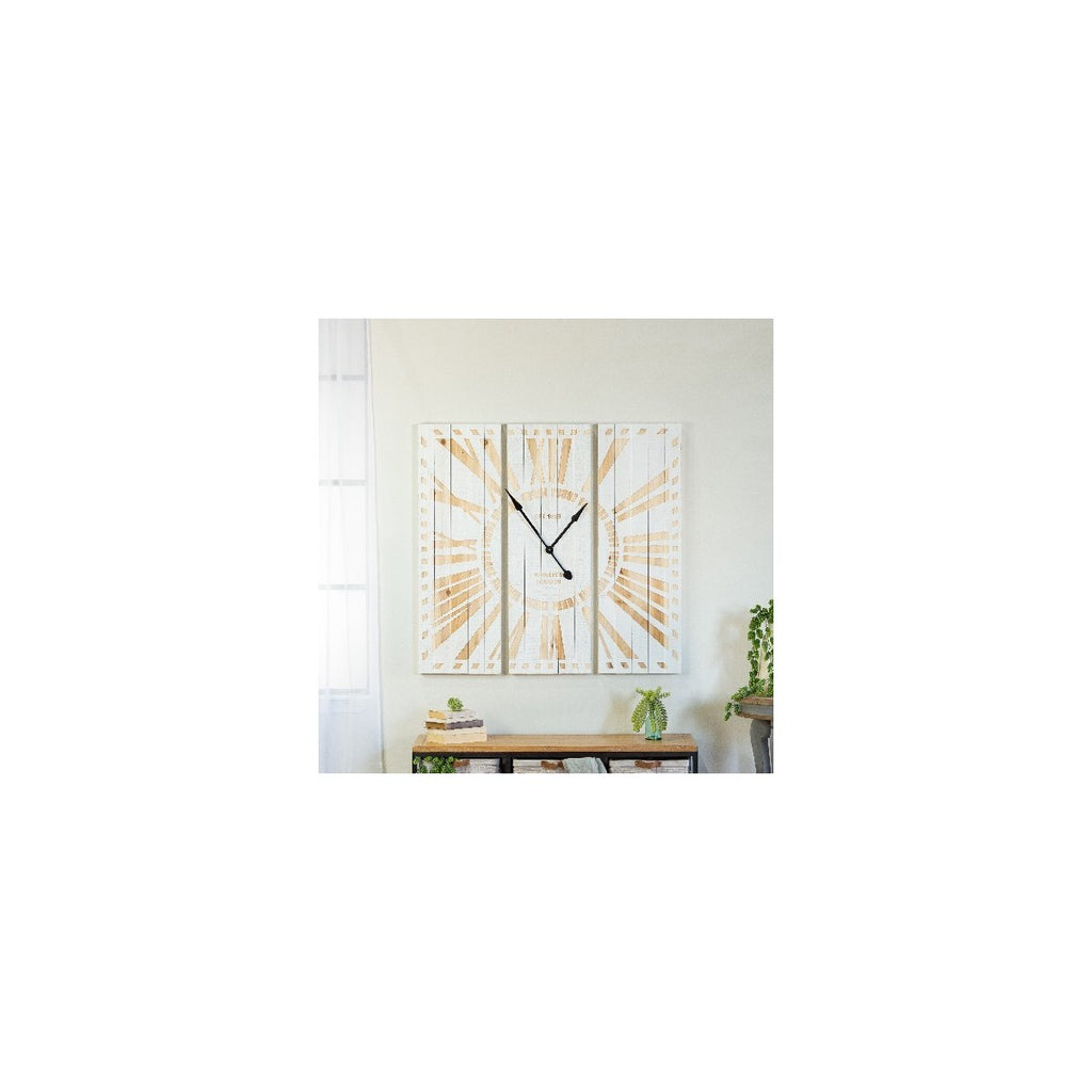 Wood wall clock with carved numbers and words - Bombay Mercantile